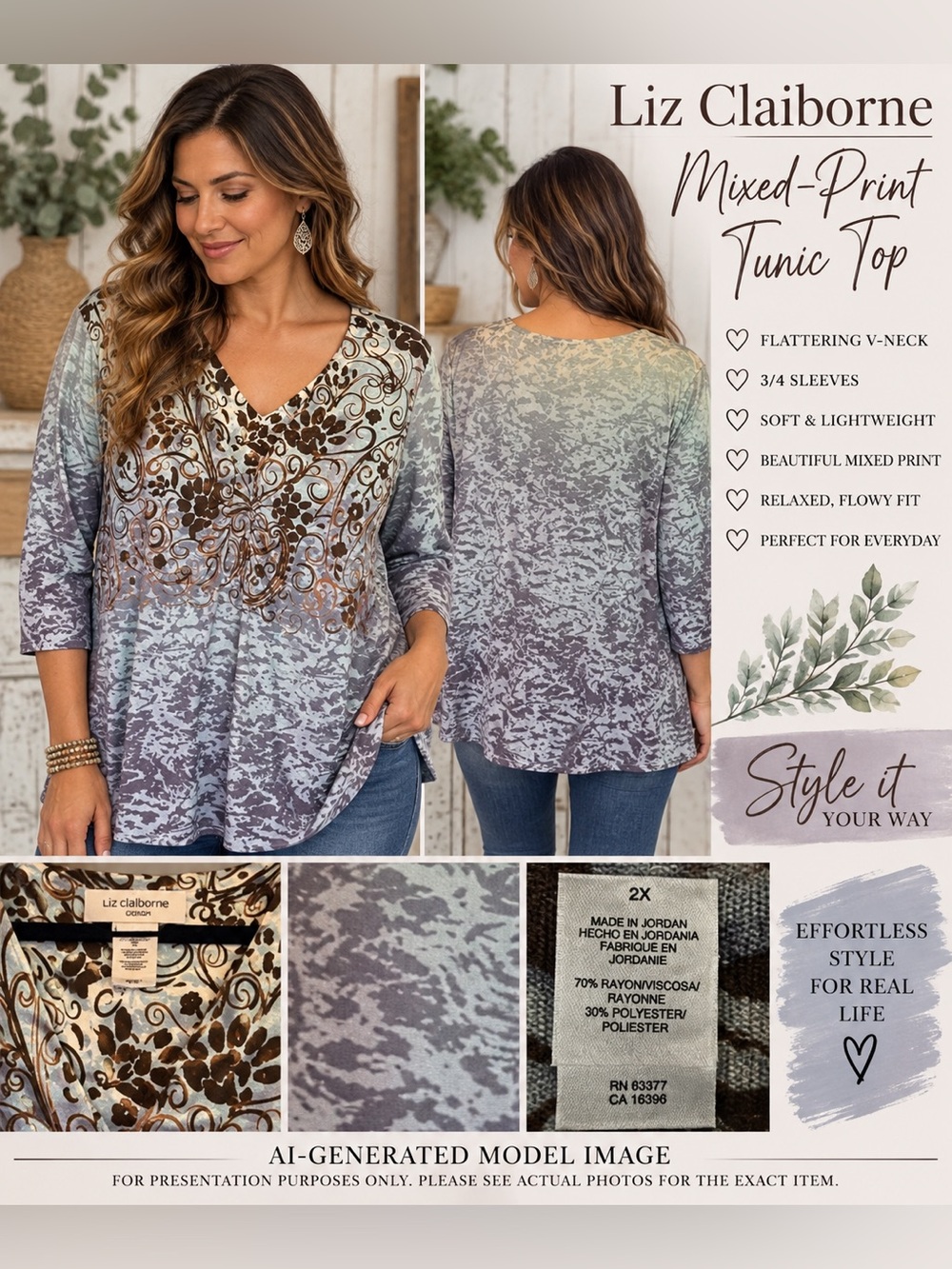 LIZ CLAIBORNE MIXED-PRINT TUNIC